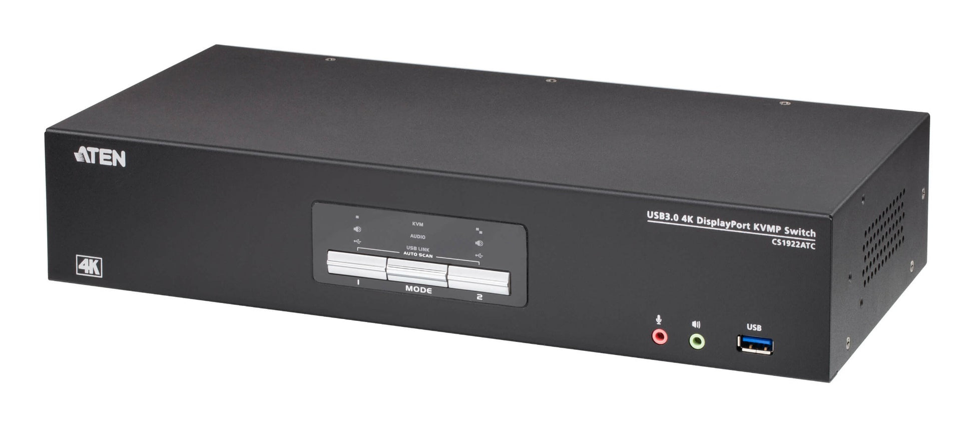 Black aten usb 3.0 4k displayport kvm switch with silver control buttons and labeled ports on front panel for cs1922atc
