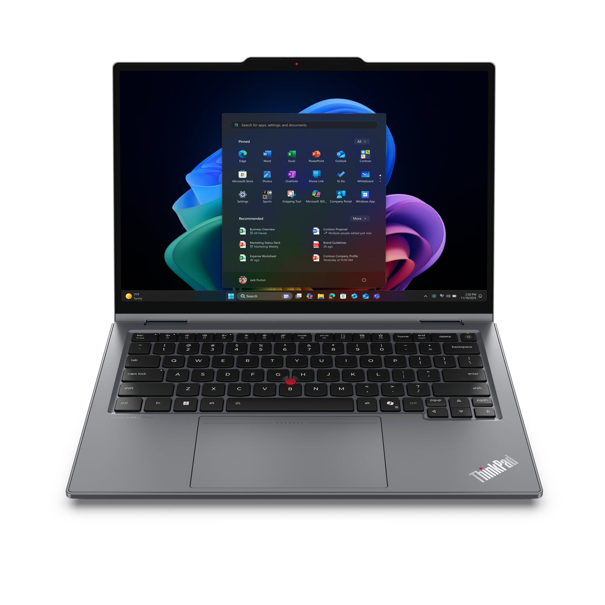 Silver lenovo thinkpad x1 2-in-1 gen 11 14in touchscreen laptop with black keyboard and red trackpoint for productivity