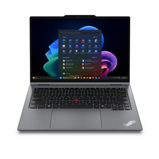 Silver Lenovo ThinkPad X1 2-in-1 Gen 11 14in touch laptop with black keyboard and red trackpoint core ultra 5 CPU
