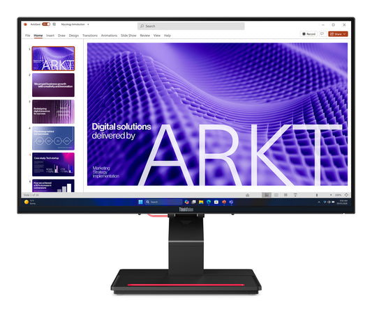 Black Lenovo ThinkVision T24D-4t 23.8in FHD IPS touch monitor with slim bezel and red accent strip on the base