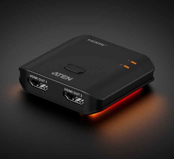Black aten vs4812-AT hdmi splitter with two output ports and orange indicator lights for 4k 7.1ch audio signals