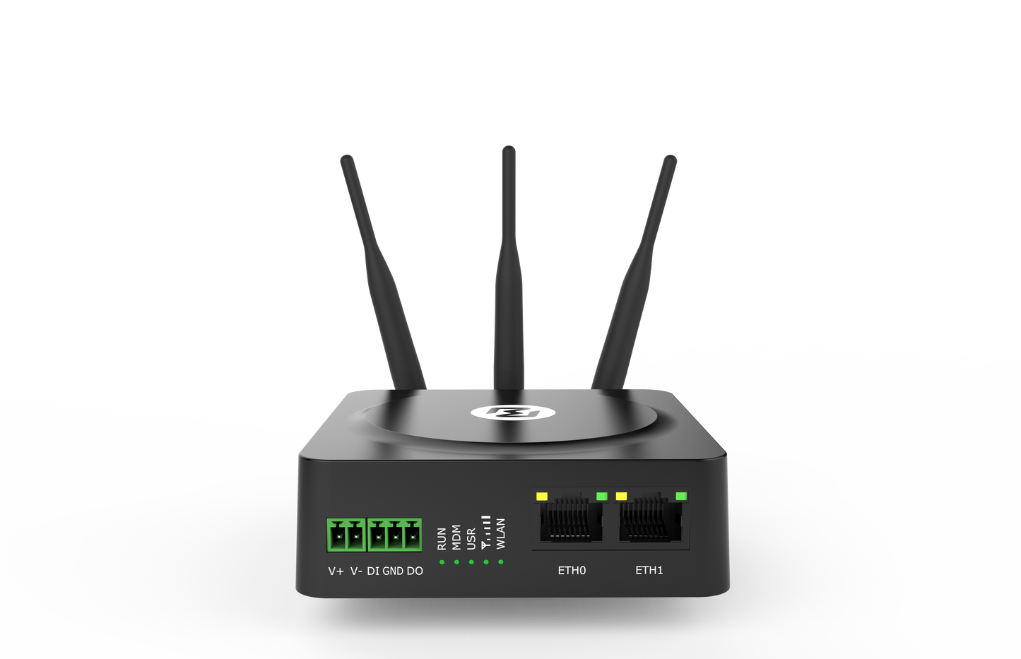 Robustel R1510-4L black router with 3 antennas and ethernet ports