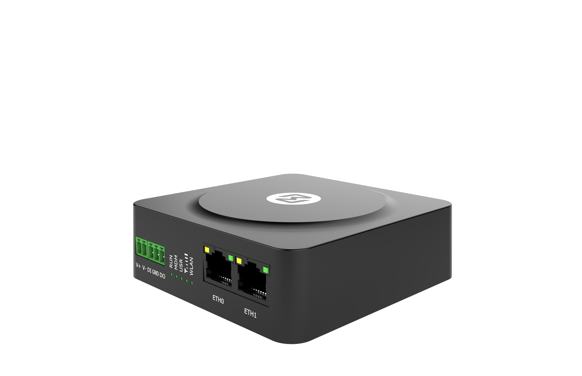 Robustel R1510-4L black network switch with 2 Ethernet ports and green LEDs