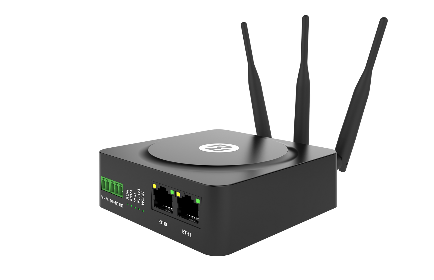 Robustel R1510-4L black router with 3 antennas and green LEDs on side