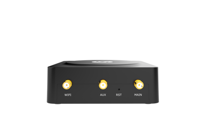 Back of Robustel R1510-4L router with wifi aux rst main gold connectors