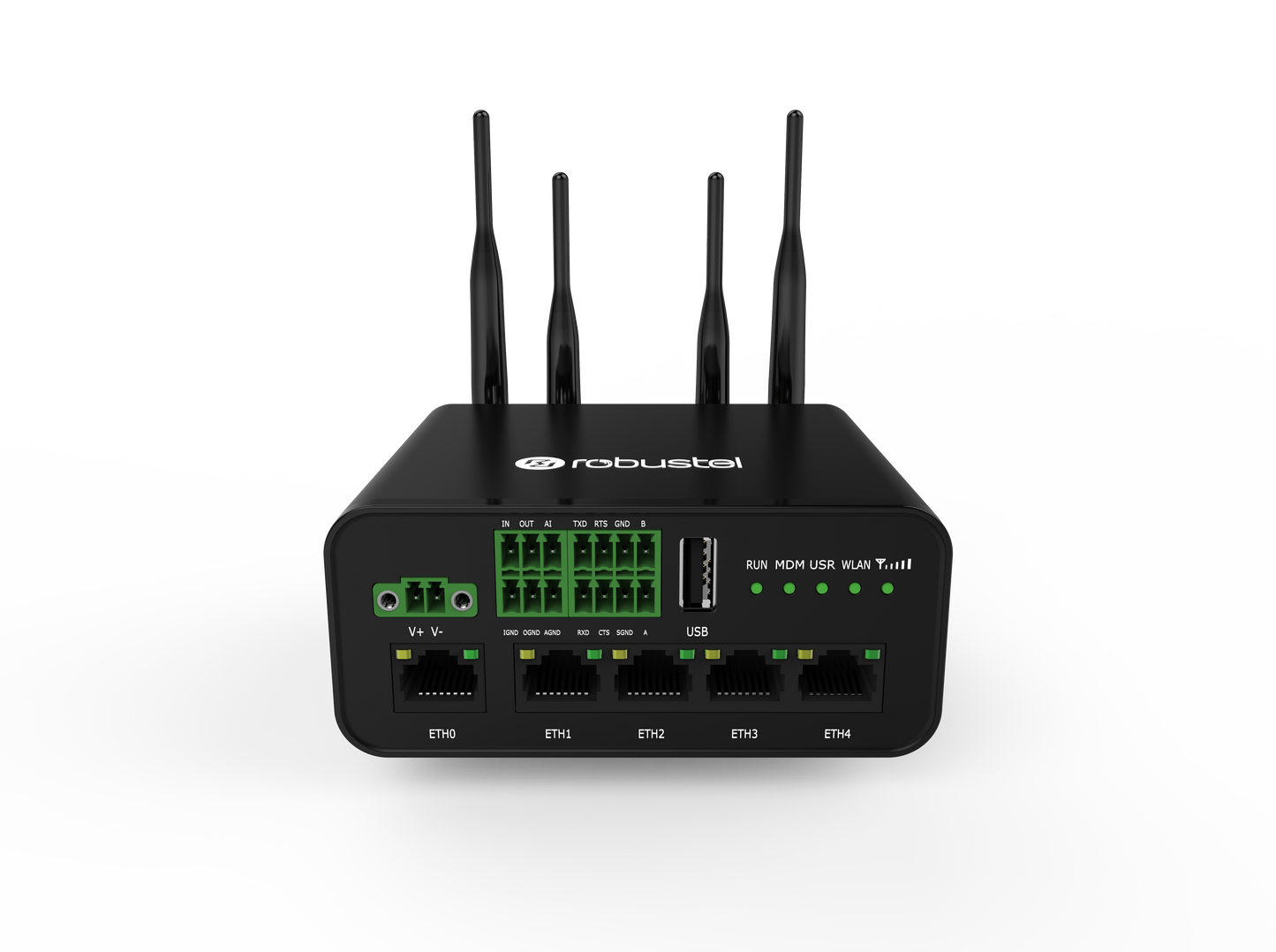 Robustel R1520-4L router with 4 antennas and green LEDs