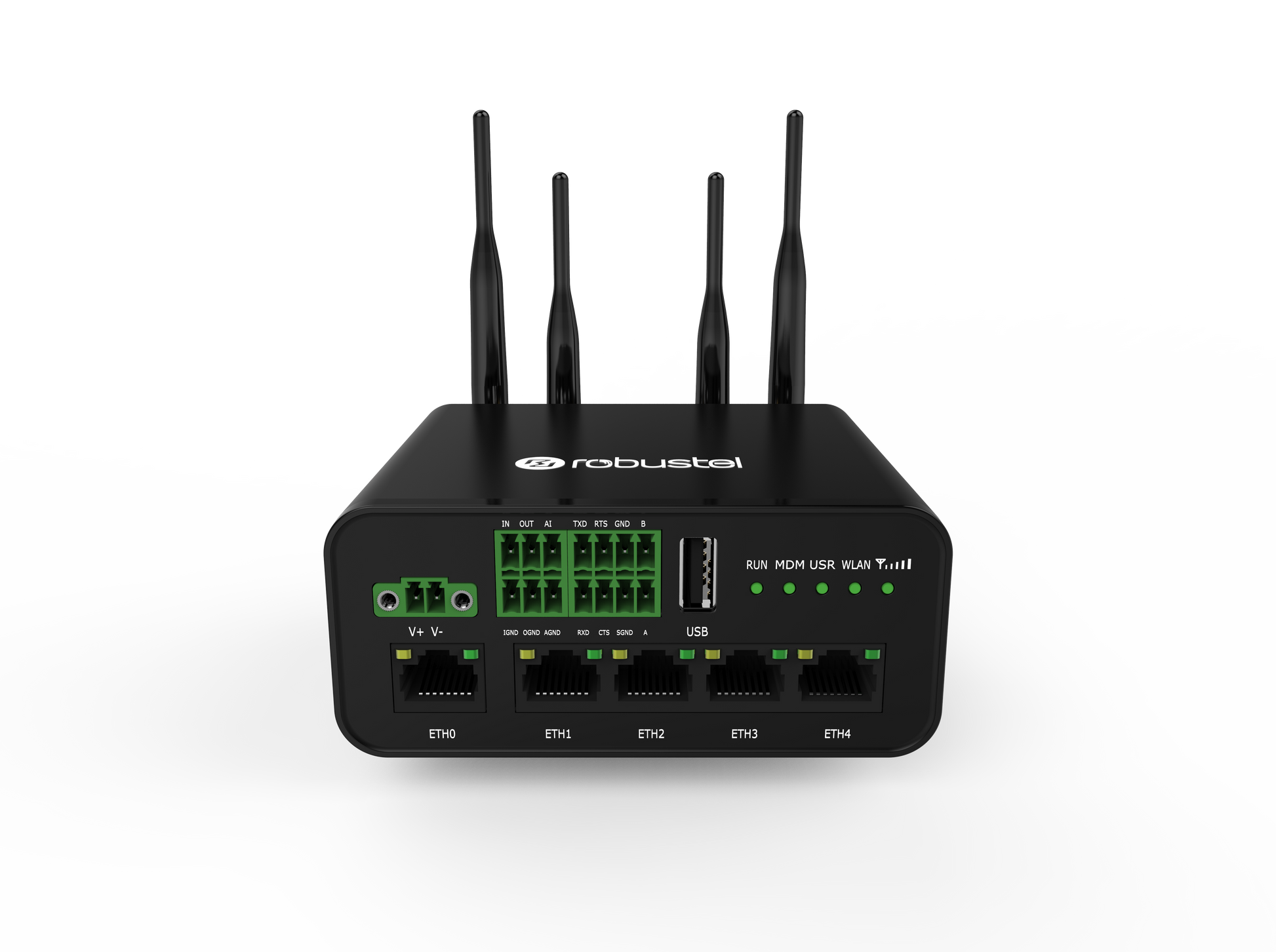 Robustel R1520-4L router with 4 antennas and green LEDs
