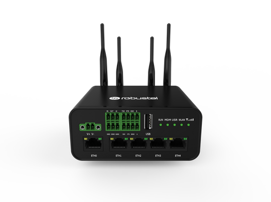 Robustel R1520-4L router with 4 antennas and green LEDs