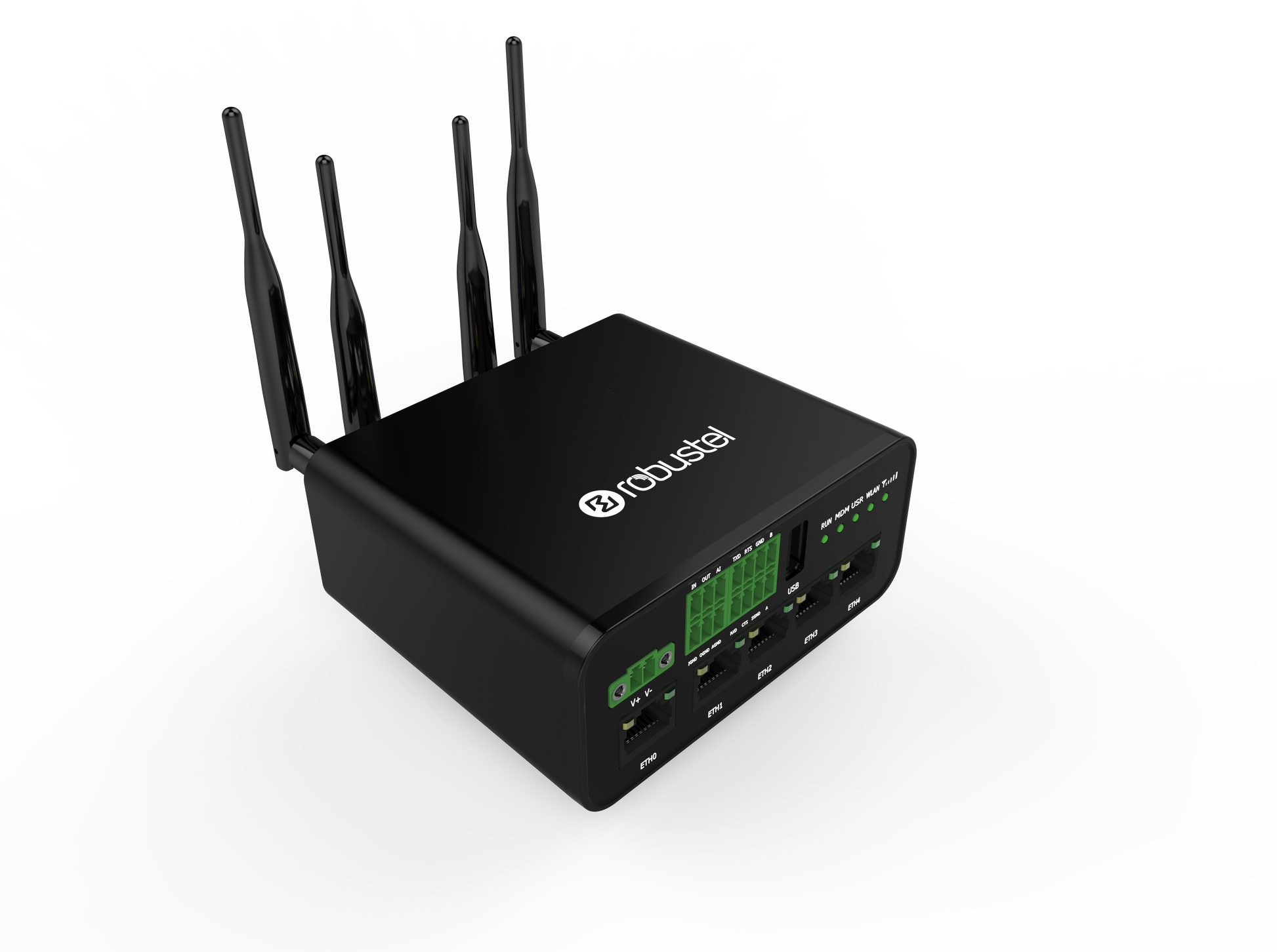Robustel R1520-4L black 4G router with 4 antennas and green LED panel