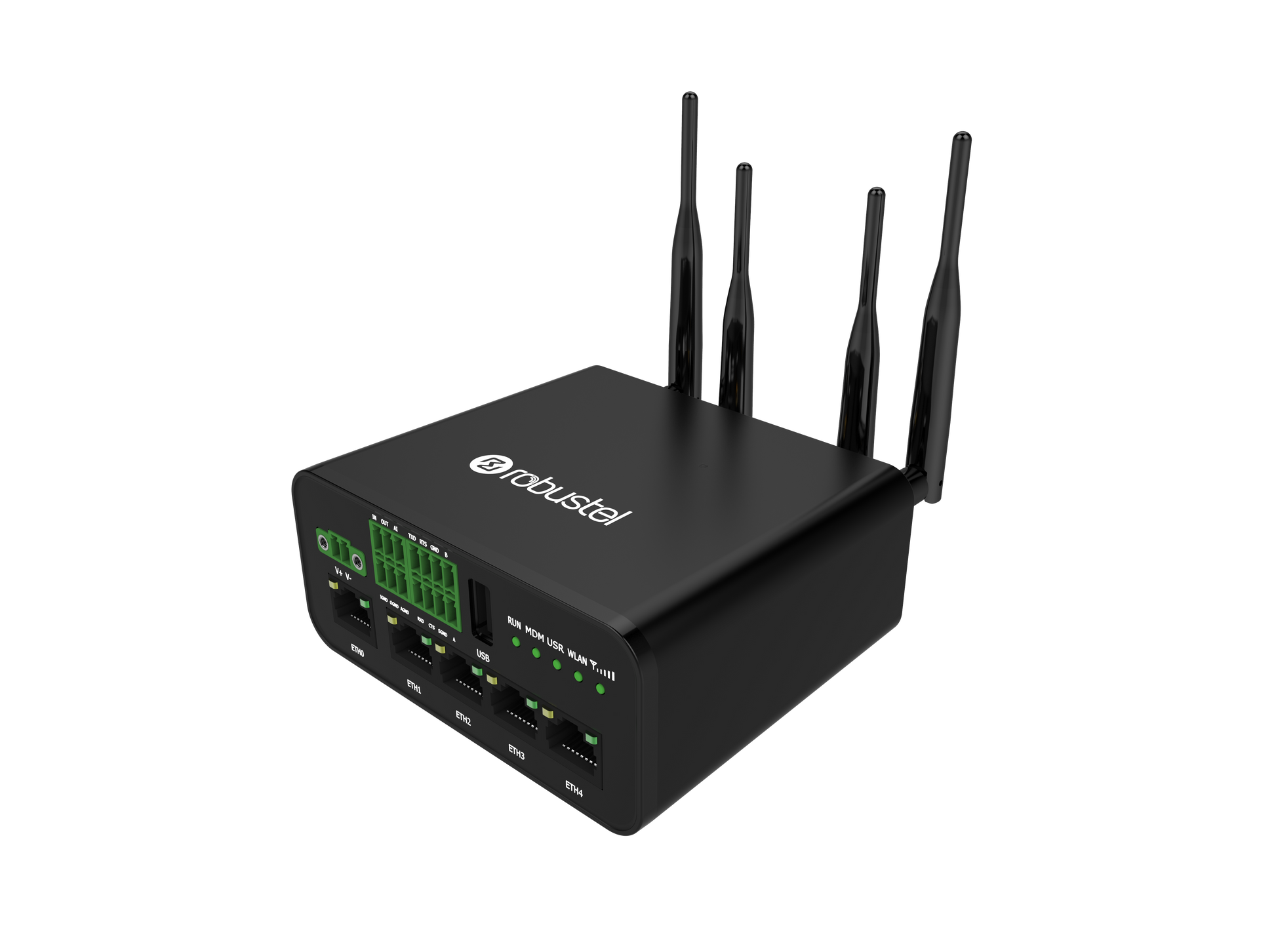 Robustel R1520-4L black 4G IoT gateway with 5 antennas and green LEDs