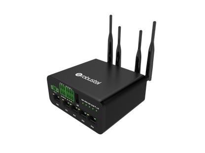 Robustel R1520-4L black 4G IoT gateway with 5 antennas and green LEDs
