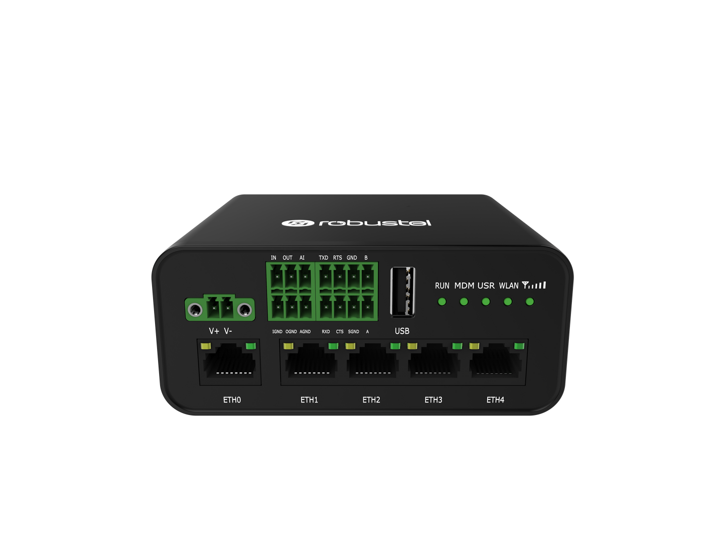 Robustel R1520-4L black network switch with green ports and lights