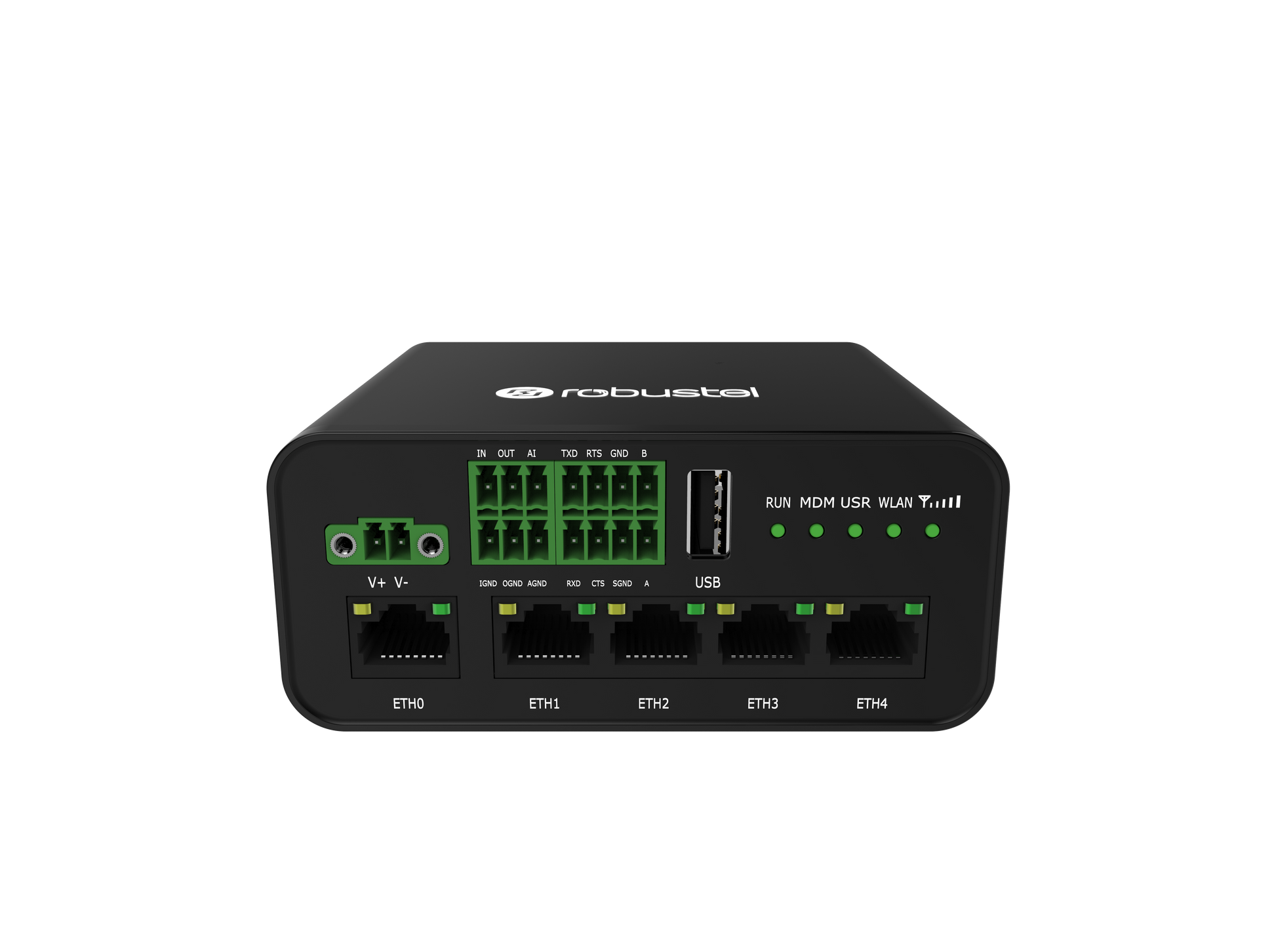 Robustel R1520-4L black network switch with green ports and lights