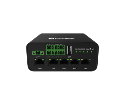 Robustel R1520-4L black network switch with green ports and lights