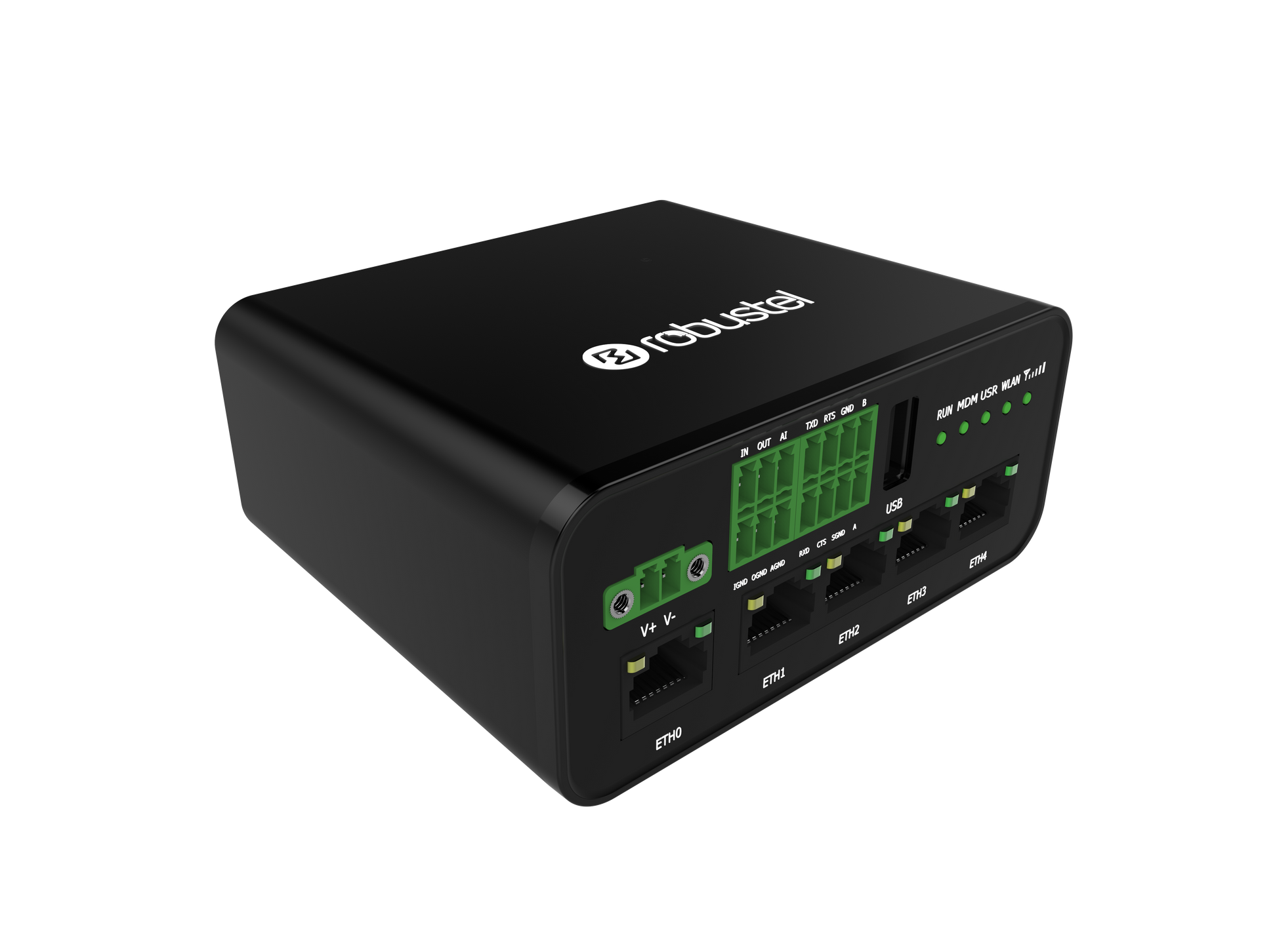 Robustel R1520-4L industrial router with black switch, green LEDs, Ethernet ports