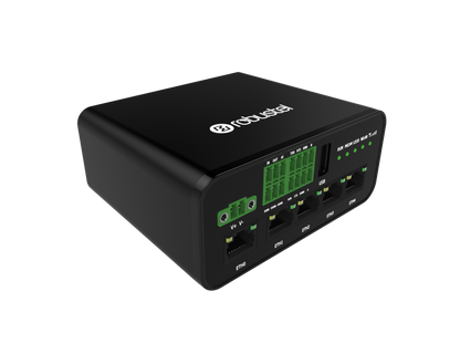 Robustel R1520-4L industrial router with black switch, green LEDs, Ethernet ports