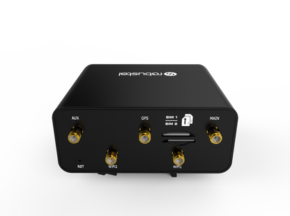 Back of Robustel R1520-4L router with black body, gold connectors, aux GPS SIM1/2 main RST WiFi ports