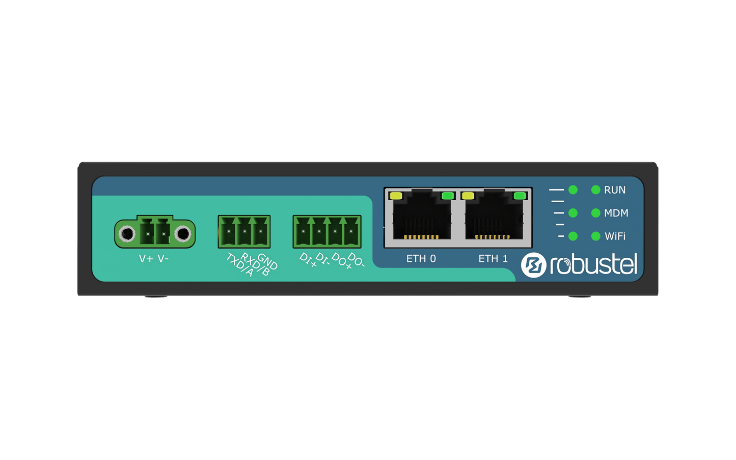 Robustel R2010-A-4L gateway back with eth0 eth1 ports and terminals