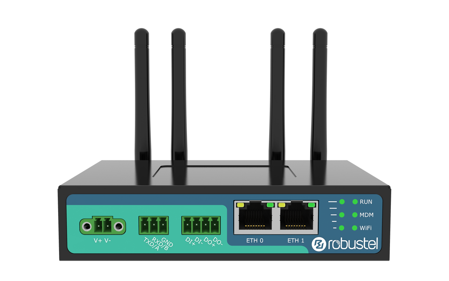 Robustel R2010-A-4L black and teal industrial router with 4 antennas