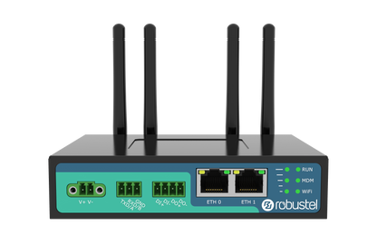 Robustel R2010-A-4L black and teal industrial router with 4 antennas