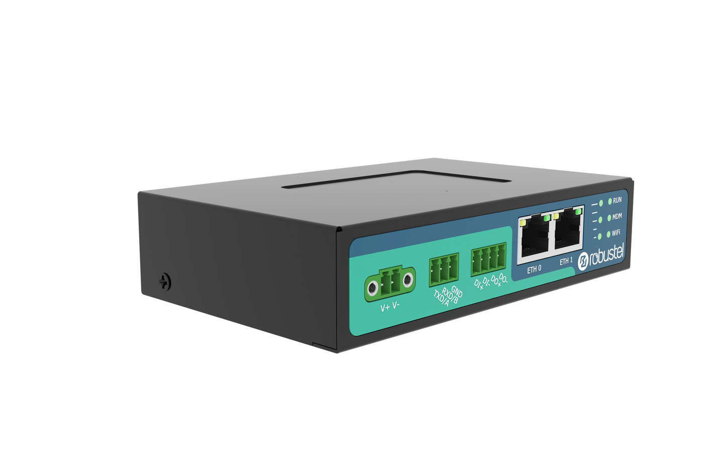 Robustel R2010-A-4L gateway with black switch, teal panel, green RJ45 ports