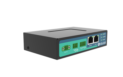 Robustel R2010-A-4L gateway with black switch, teal panel, green RJ45 ports