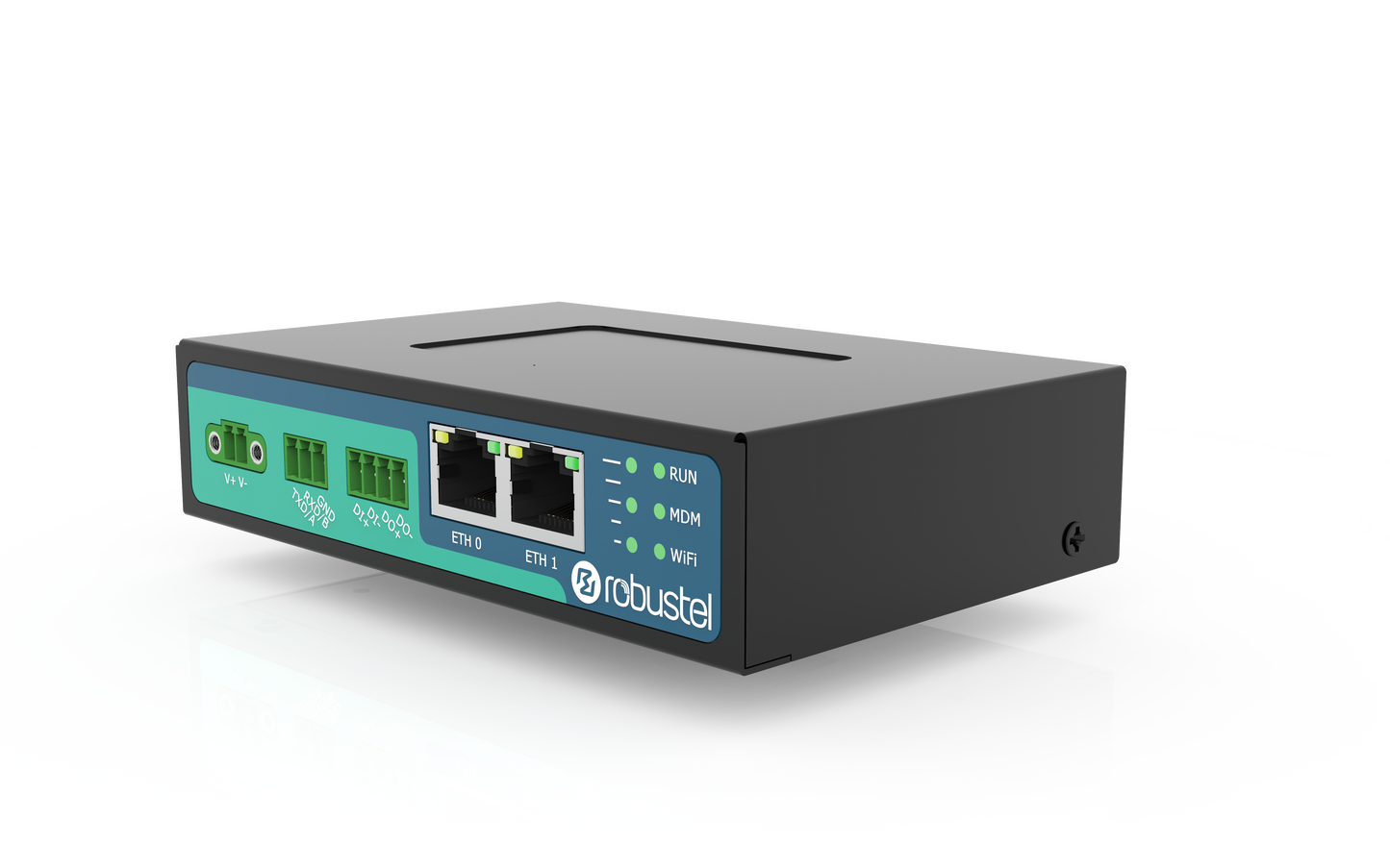 Robustel R2010-A-4L black industrial gateway with teal ethernet ports