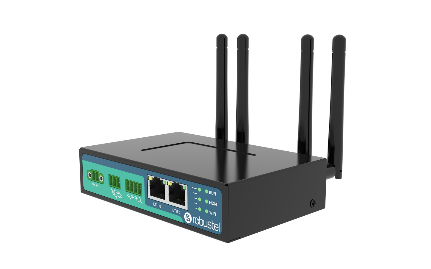 Robustel R2010-A-4L black router with 4 antennas and teal rear ports