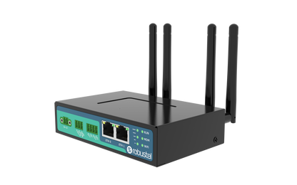 Robustel R2010-A-4L black router with 4 antennas and teal rear ports
