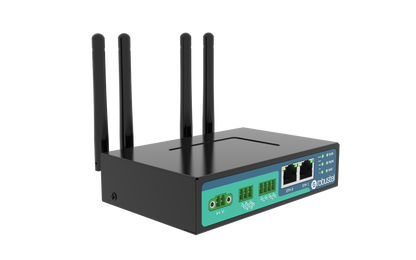 Robustel R2010-A-4L black router with 4 antennas and teal rear ports