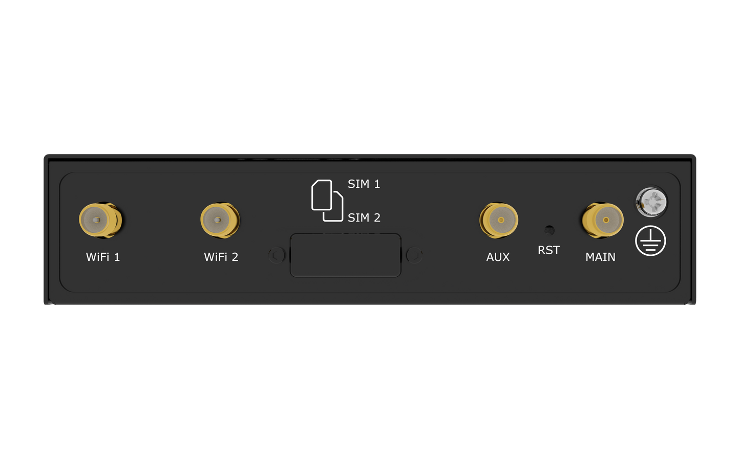 Back of Robustel R2011-A-4L router with wifi 1, wifi 2, sim 1, sim 2 ports