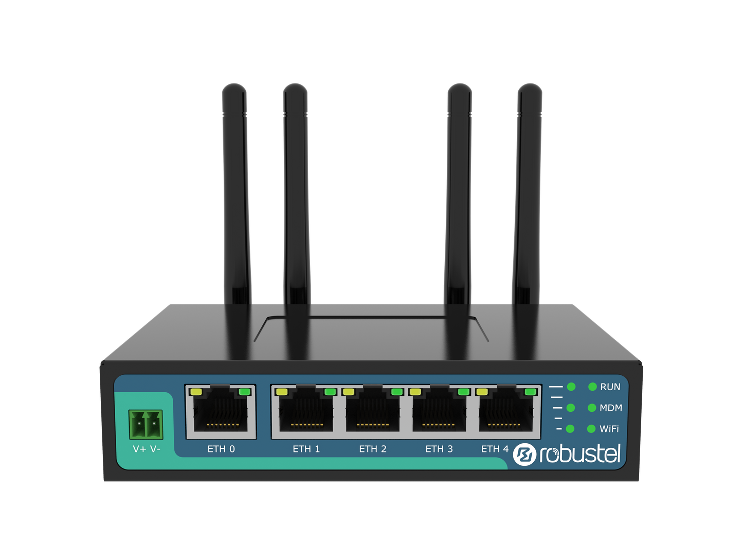 Robustel R2011-A-4L black teal router with 4 antennas 5 ports