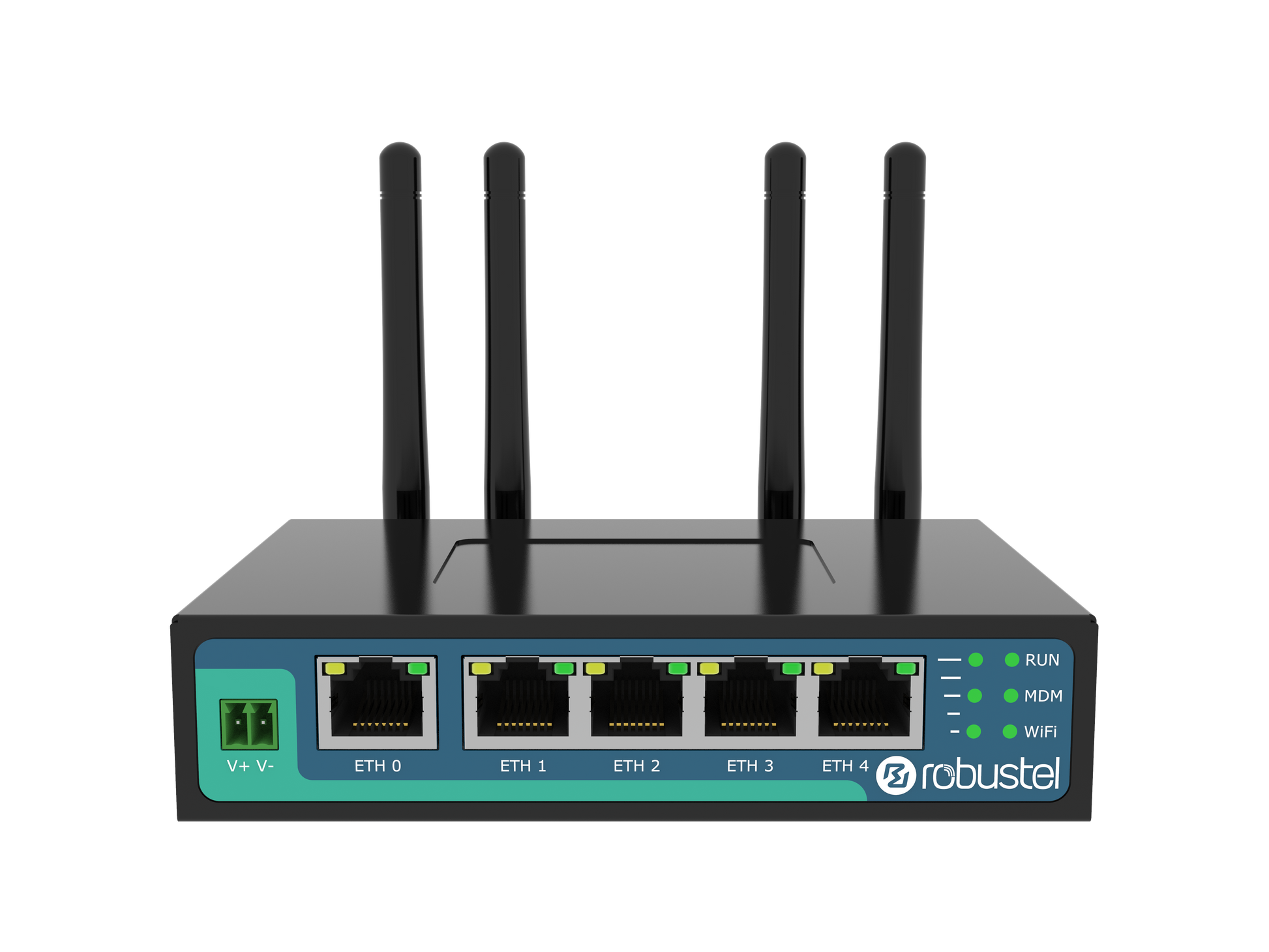 Robustel R2011-A-4L black teal router with 4 antennas 5 ports