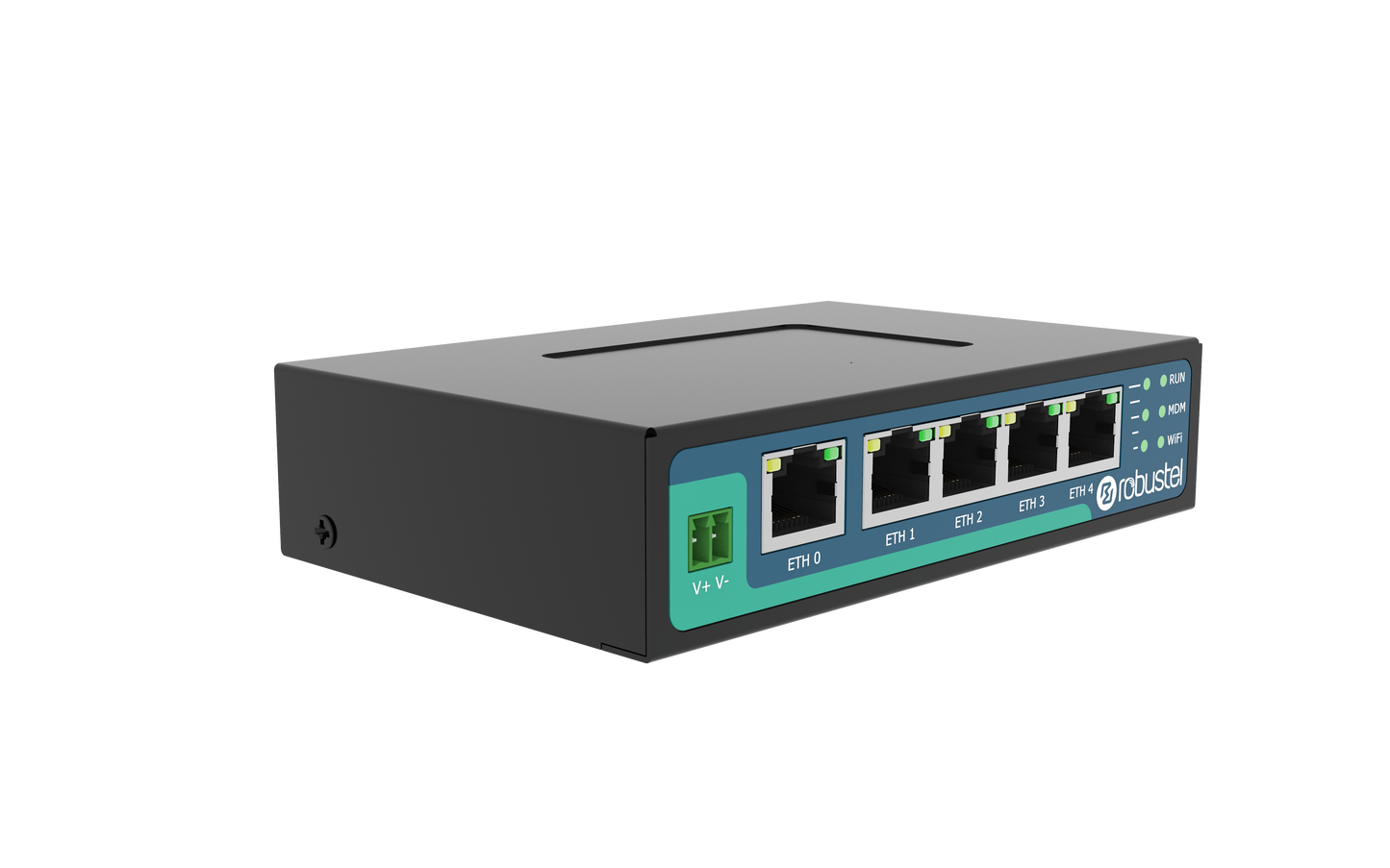 Robustel R2011-A-4L robusta black 5-port network switch front view