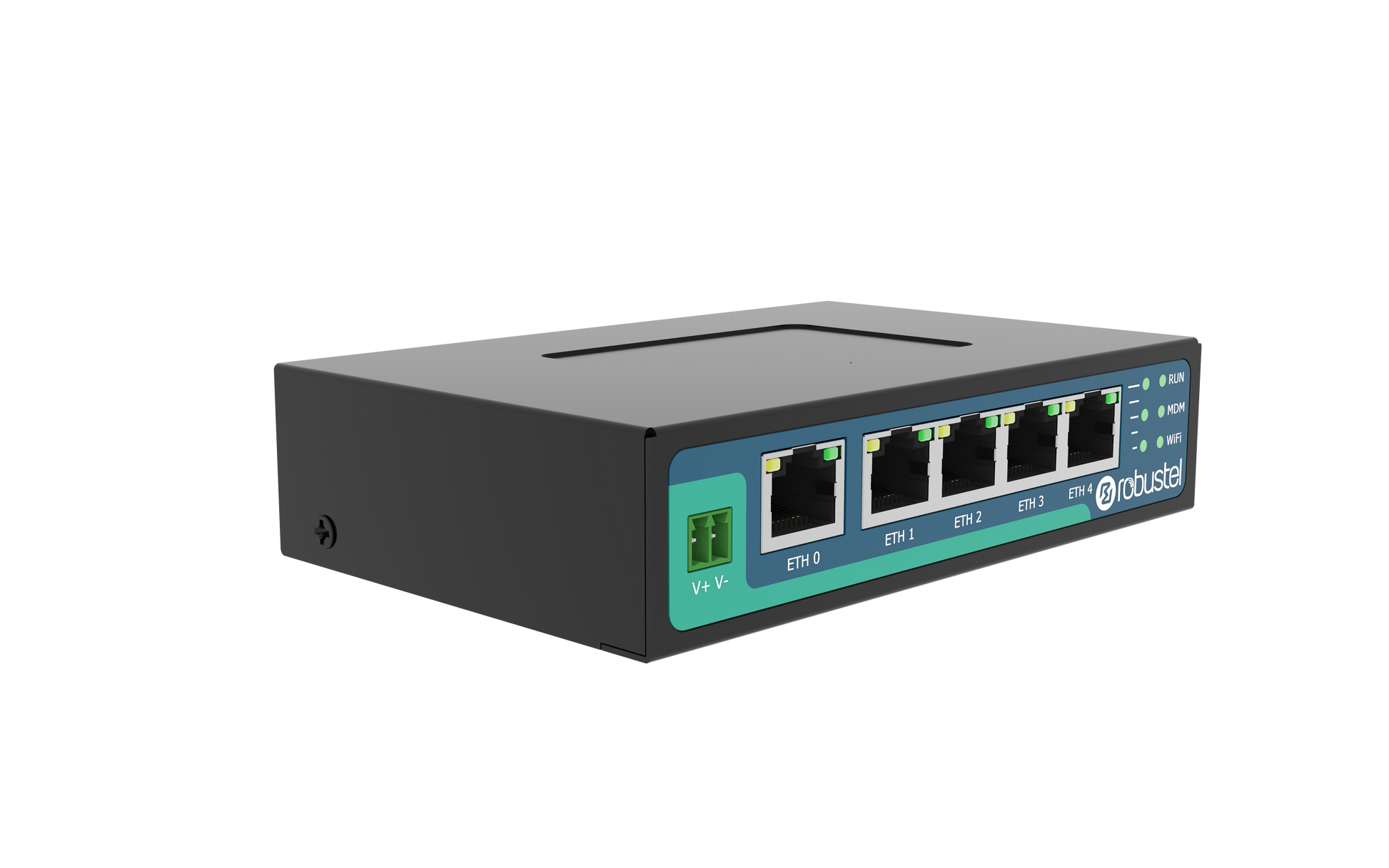 Robustel R2011-A-4L robusta black 5-port network switch front view