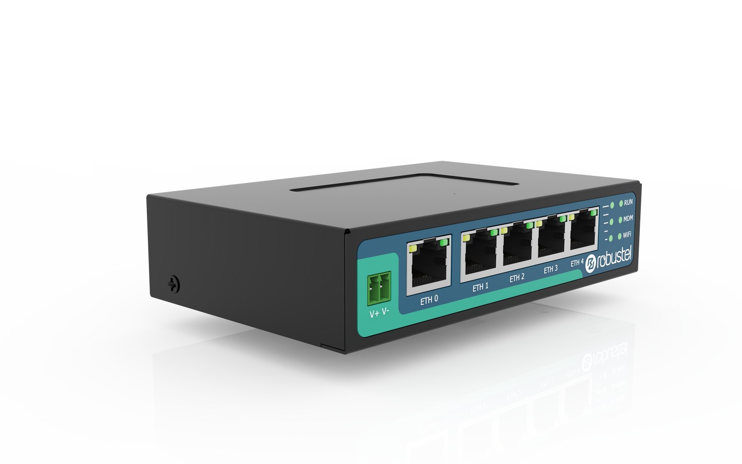 Robustel R2011-A-4L back view: black 5-port robusta network switch