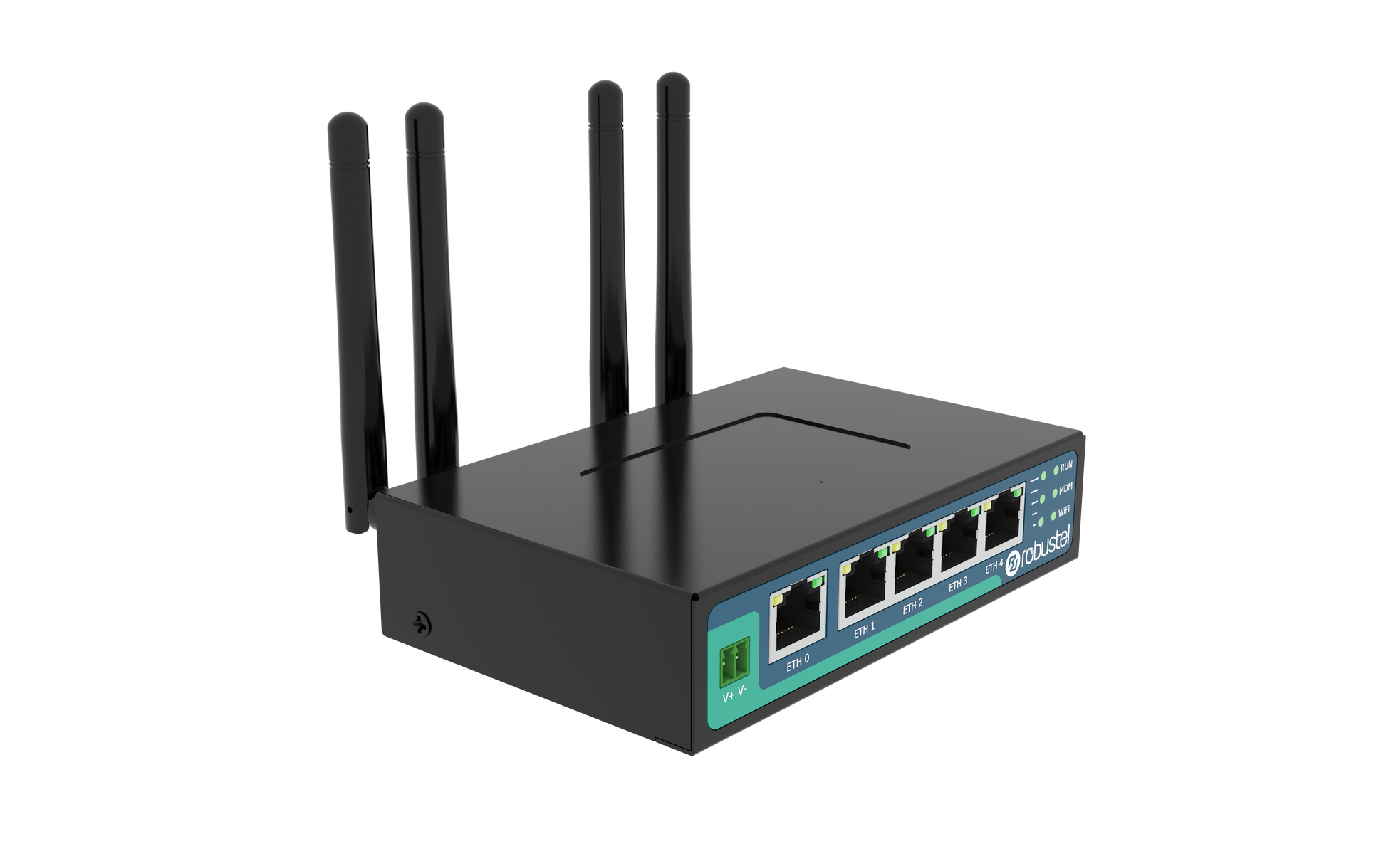 Robustel R2011-A-4L black industrial router with 4 antennas and teal ports