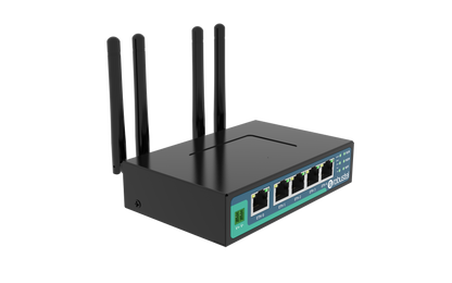 Robustel R2011-A-4L black industrial router with 4 antennas and teal ports