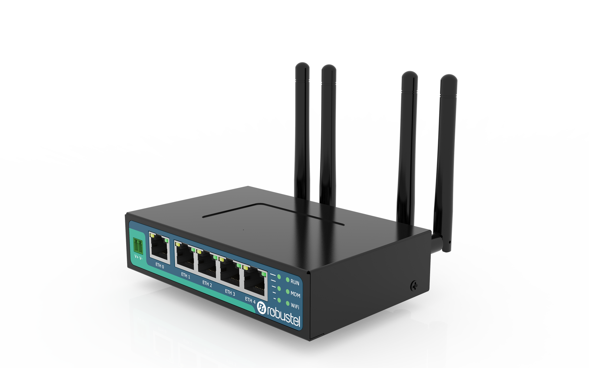 Robustel R2011-A-4L black network switch with 4 antennas and teal ports