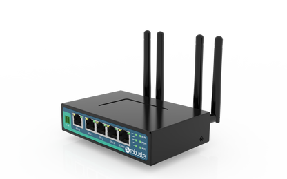 Robustel R2011-A-4L black network switch with 4 antennas and teal ports