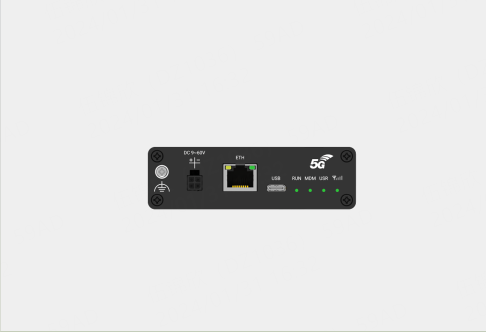 Robustel R5010 5G router back: black rectangular NIC with Ethernet, USB ports, lights