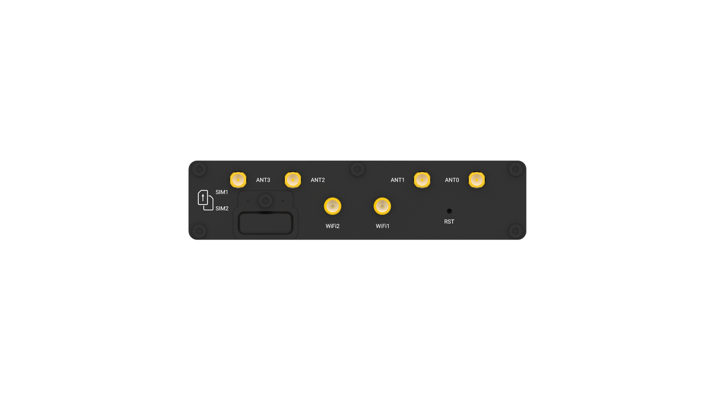 Back of Robustel R5020L-A 5G router with yellow SIM, ANT ports