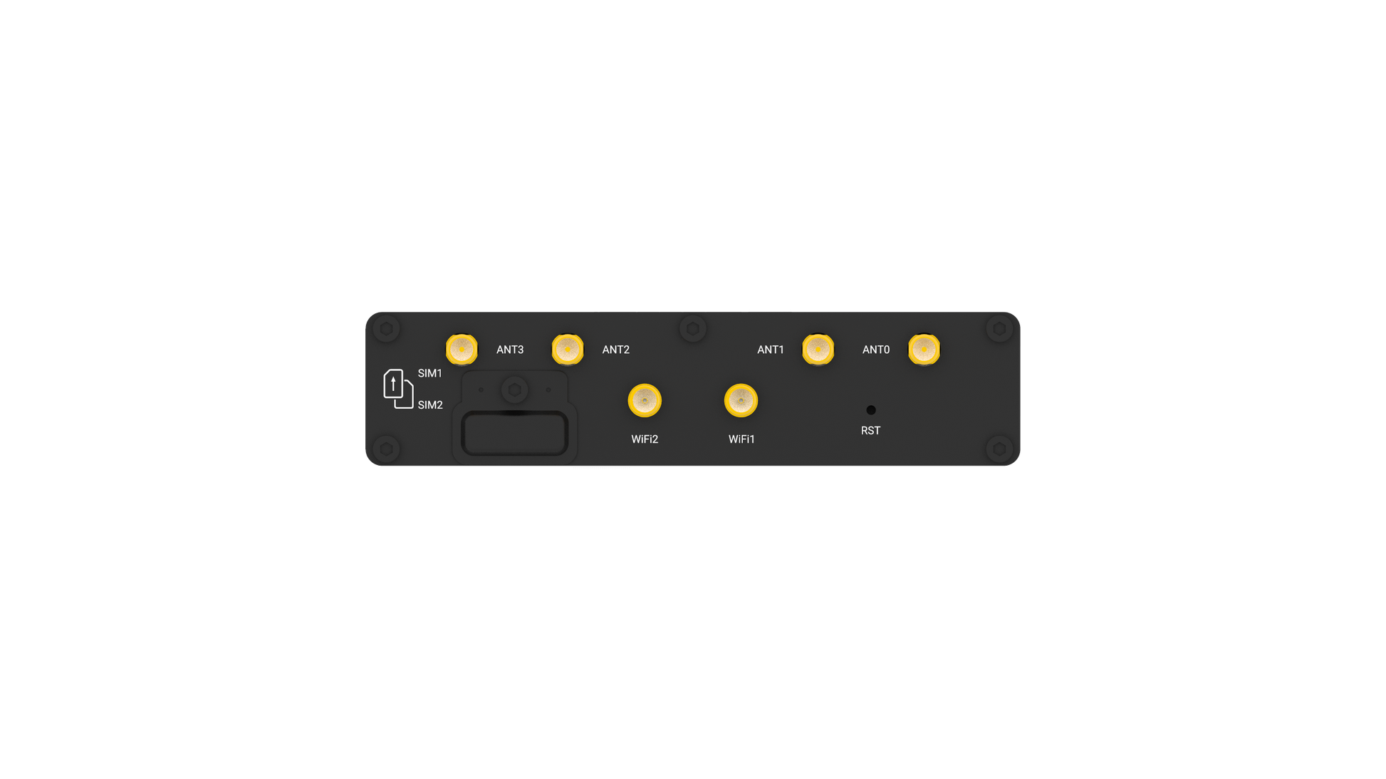 Back of Robustel R5020L-A 5G router with yellow SIM, ANT ports
