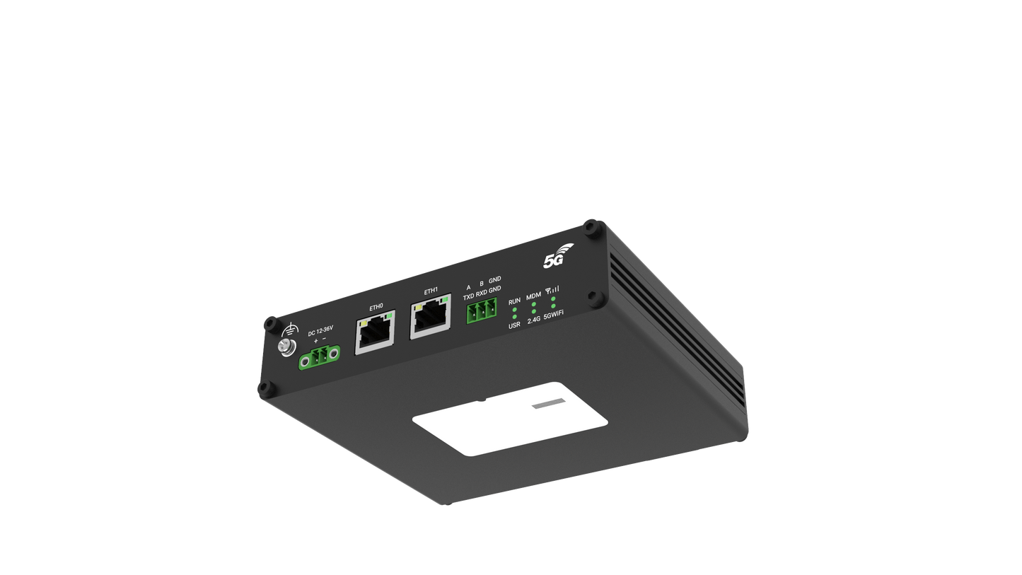 Robustel R5020L-A 5G router black modem with green lights and ethernet ports