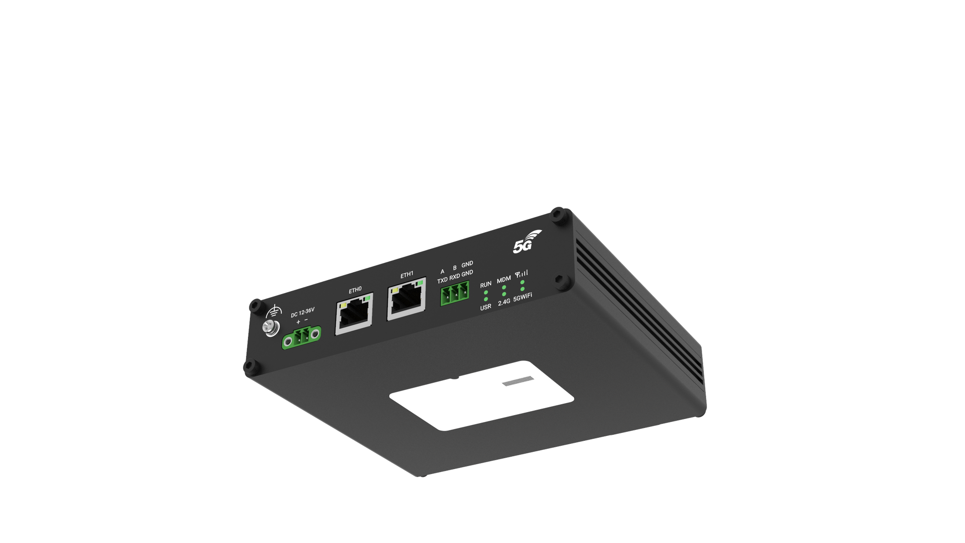 Robustel R5020L-A 5G router black modem with green lights and ethernet ports