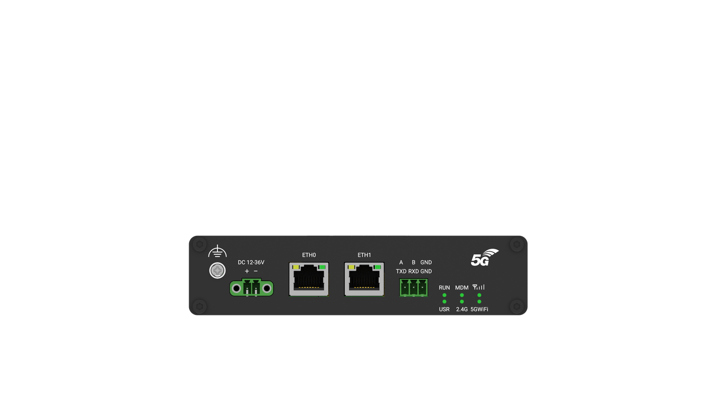 Robustel R5020L-A-5G Lite router back with 2 Ethernet ports, USB, green lights