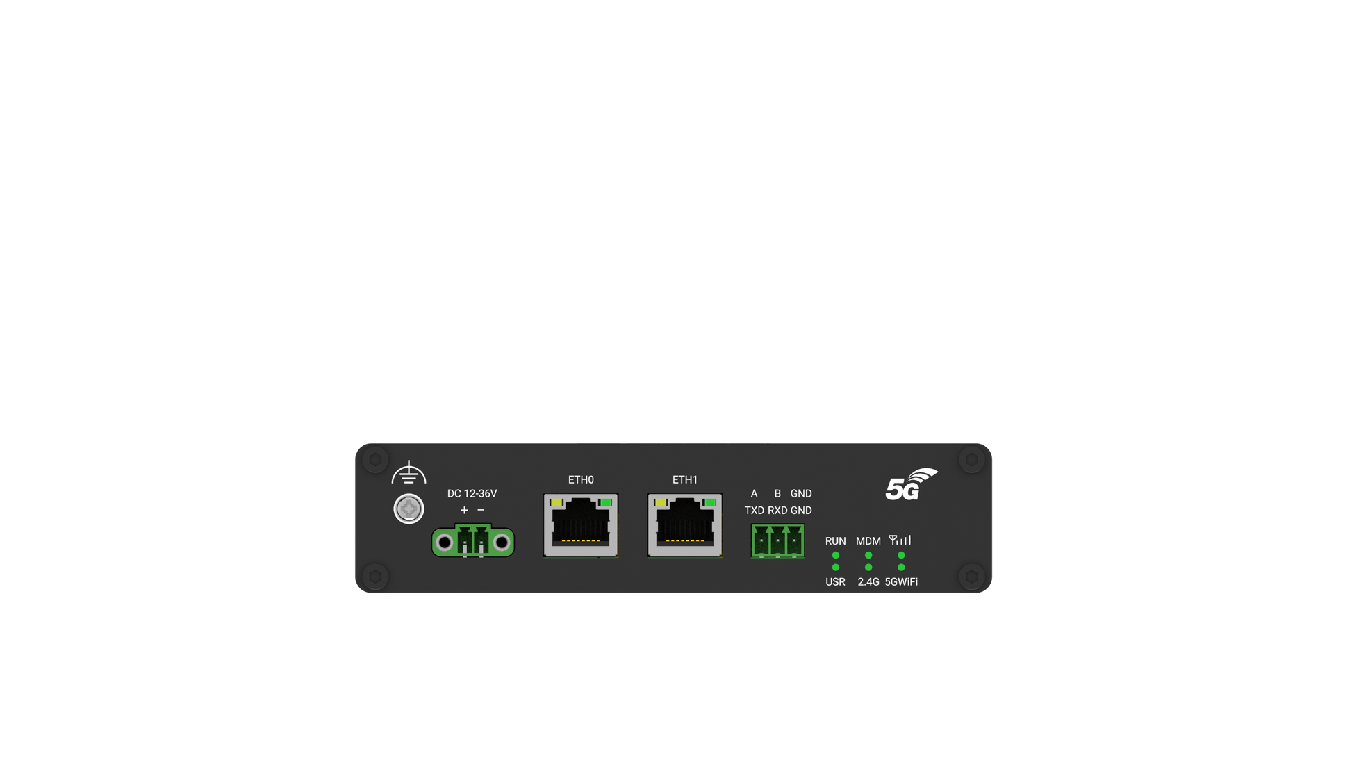 Robustel R5020L-A-5G Lite router back with 2 Ethernet ports, USB, green lights