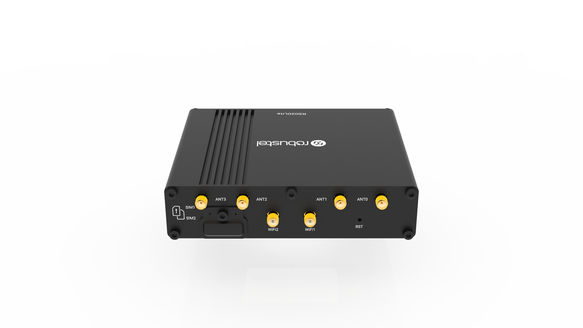 Robustel R5020L-A 5G router back with gold antenna connectors