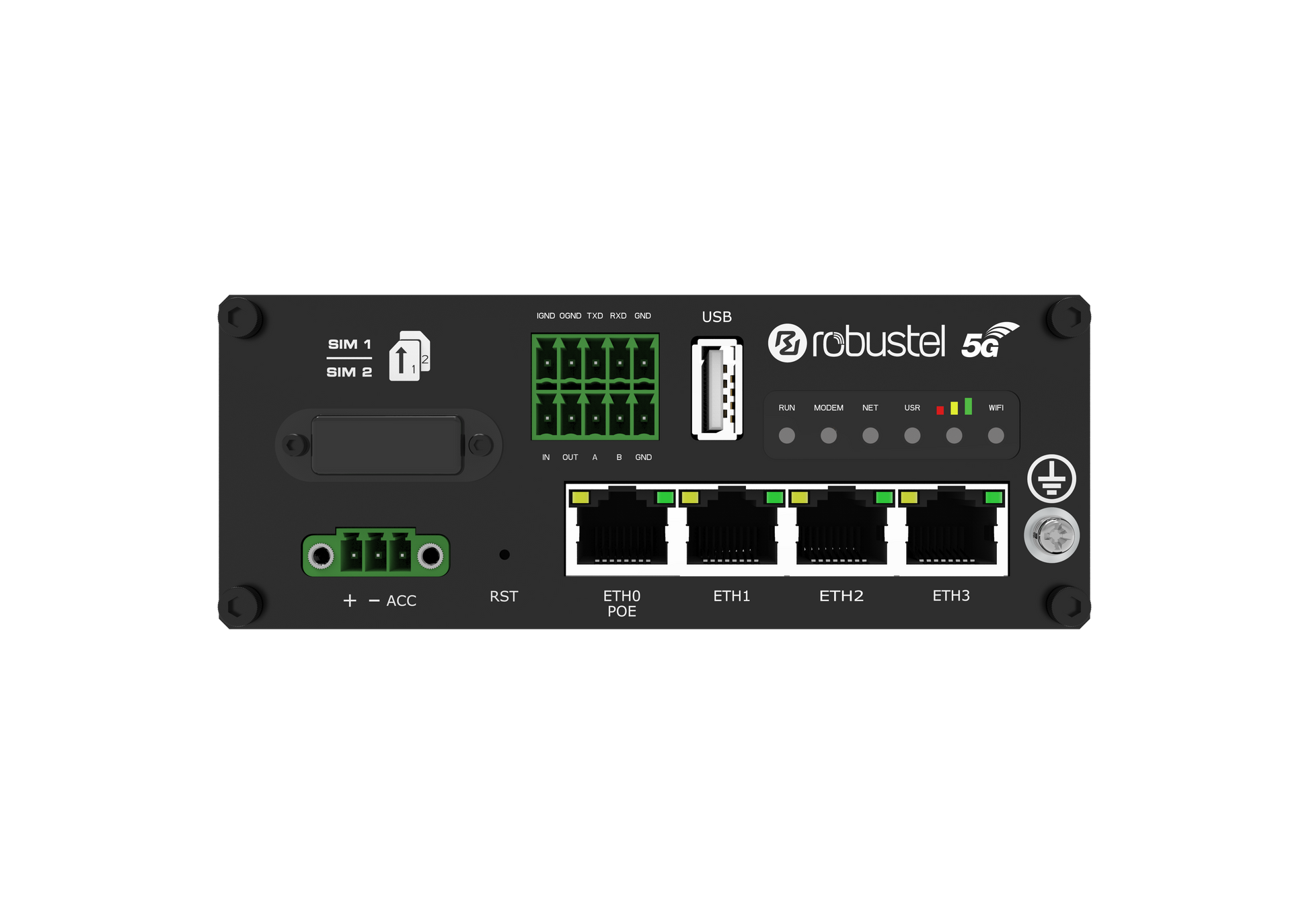 Robustel R5020 5G router with green LEDs and Ethernet ports