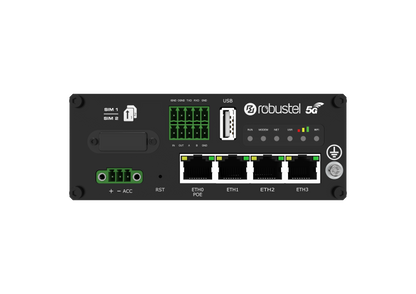 Robustel R5020 5G router with green LEDs and Ethernet ports